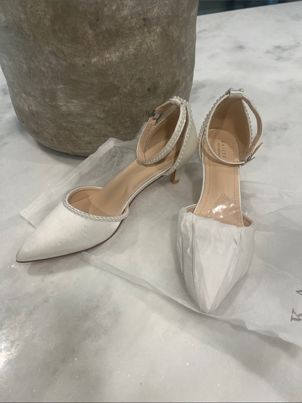 Pearl-Trim White Pointed Ankle-Strap Wedding Heels